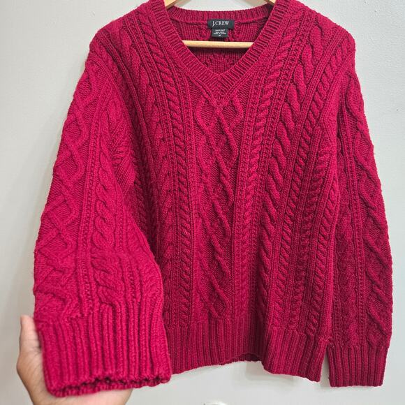 J.Crew Womens Vtg Red Fisherman 100% Wool Chunky Heavy Hand Knit Cable Sweater M - Picture 5 of 11